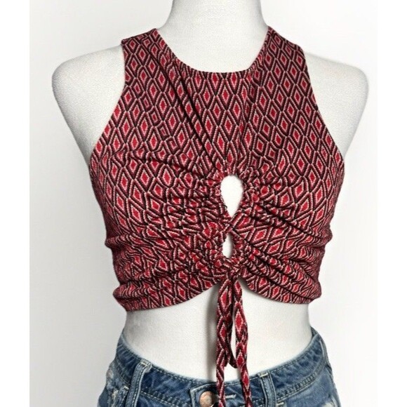 Forever 21 Women’s Red Keyhole Cropped Sleeveless Top Size S  Retro Ruching Tie - Picture 1 of 8